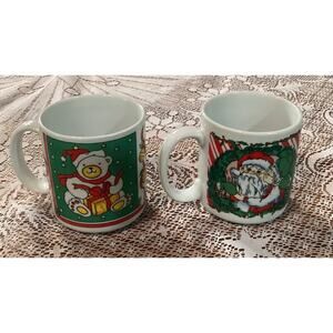 Vintage Houston Foods Mr. & Mrs Santa Clause & Teddy Bear 1988 Coffee Mugs Korea
